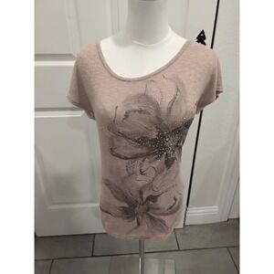 Agenda Womens Dusty Rose Floral Rhinestone Knit Scoop Neck Cap Sleeve Top